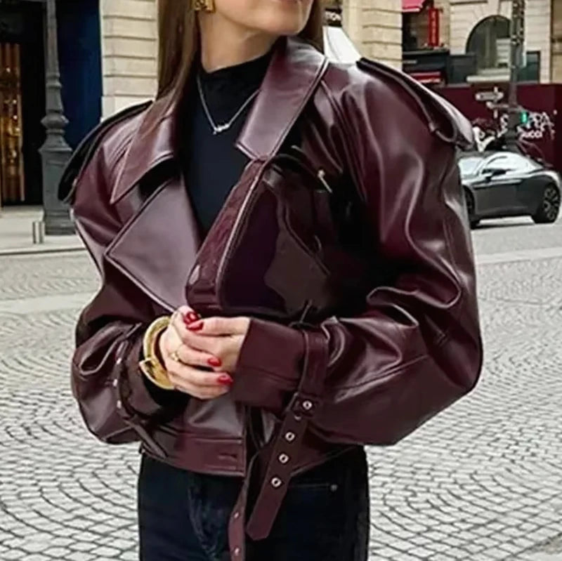 Veste vintage similicuir bordeaux à ceinture