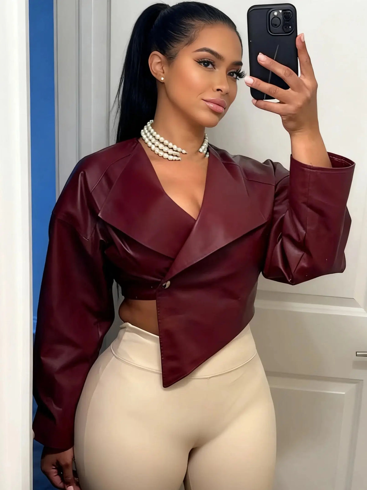 Veste courte bordeaux similicuir femme – AMINA MODE