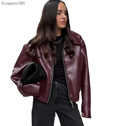 Blouson Motard Court en Similicuir Femme – Coupe Ample, Bordeaux ou Marron