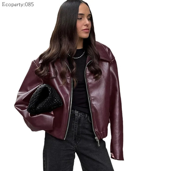 Blouson Motard Court en Similicuir Femme – Coupe Ample, Bordeaux ou Marron