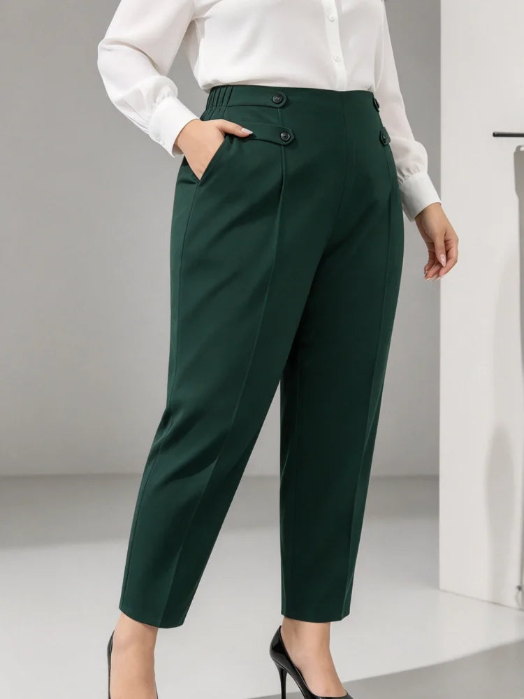 Pantalon Droit Taille Haute Femme Grande Taille – Boutons Décoratifs, 0XL à 5XL