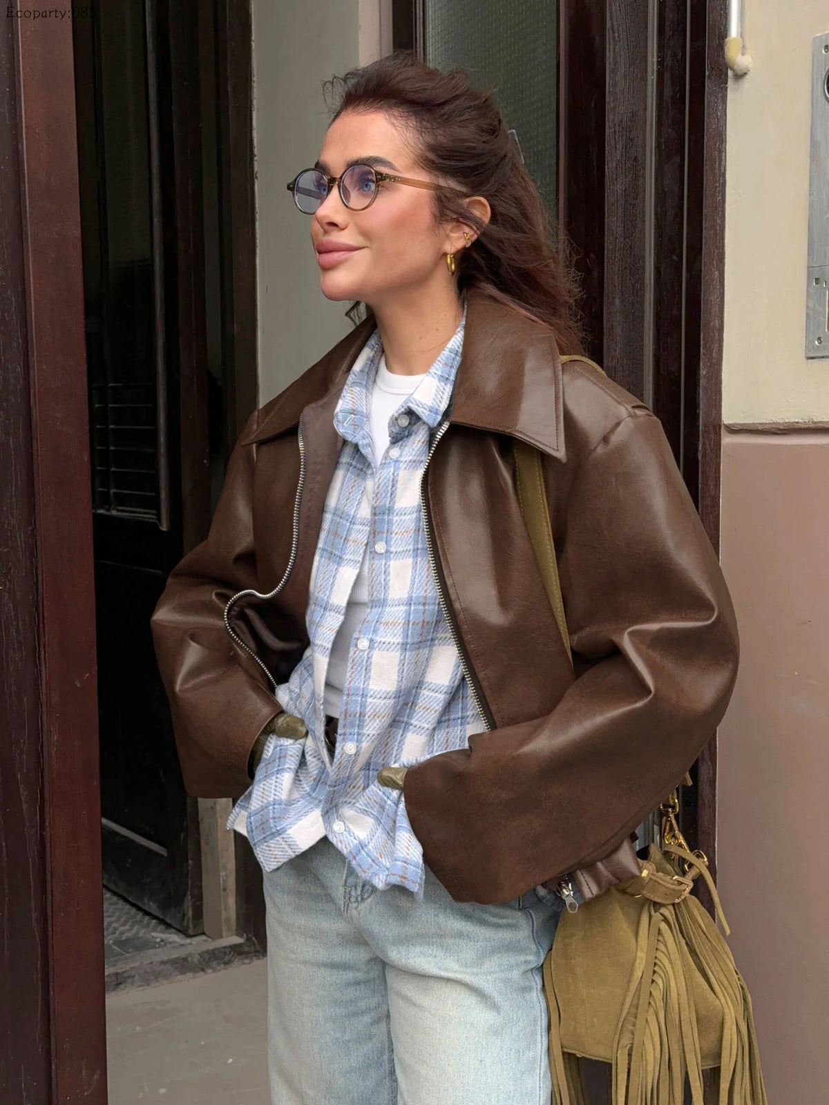 Blouson Motard Court en Similicuir Femme – Coupe Ample, Bordeaux ou Marron