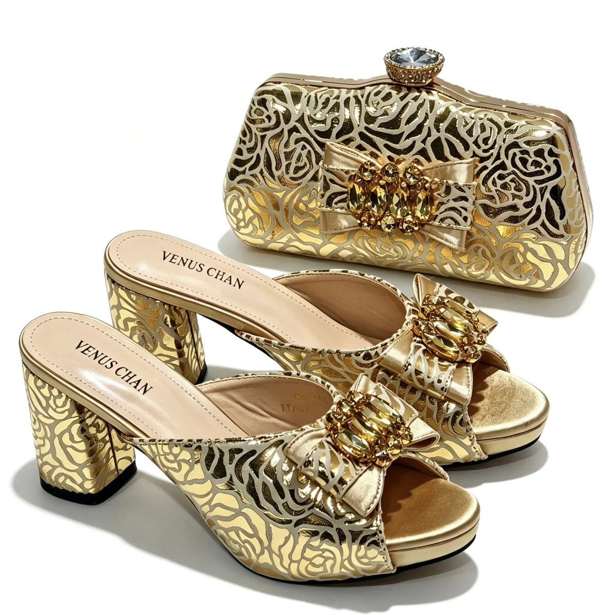 Mules en satin et pochette assortie nœud cristal – vue 12