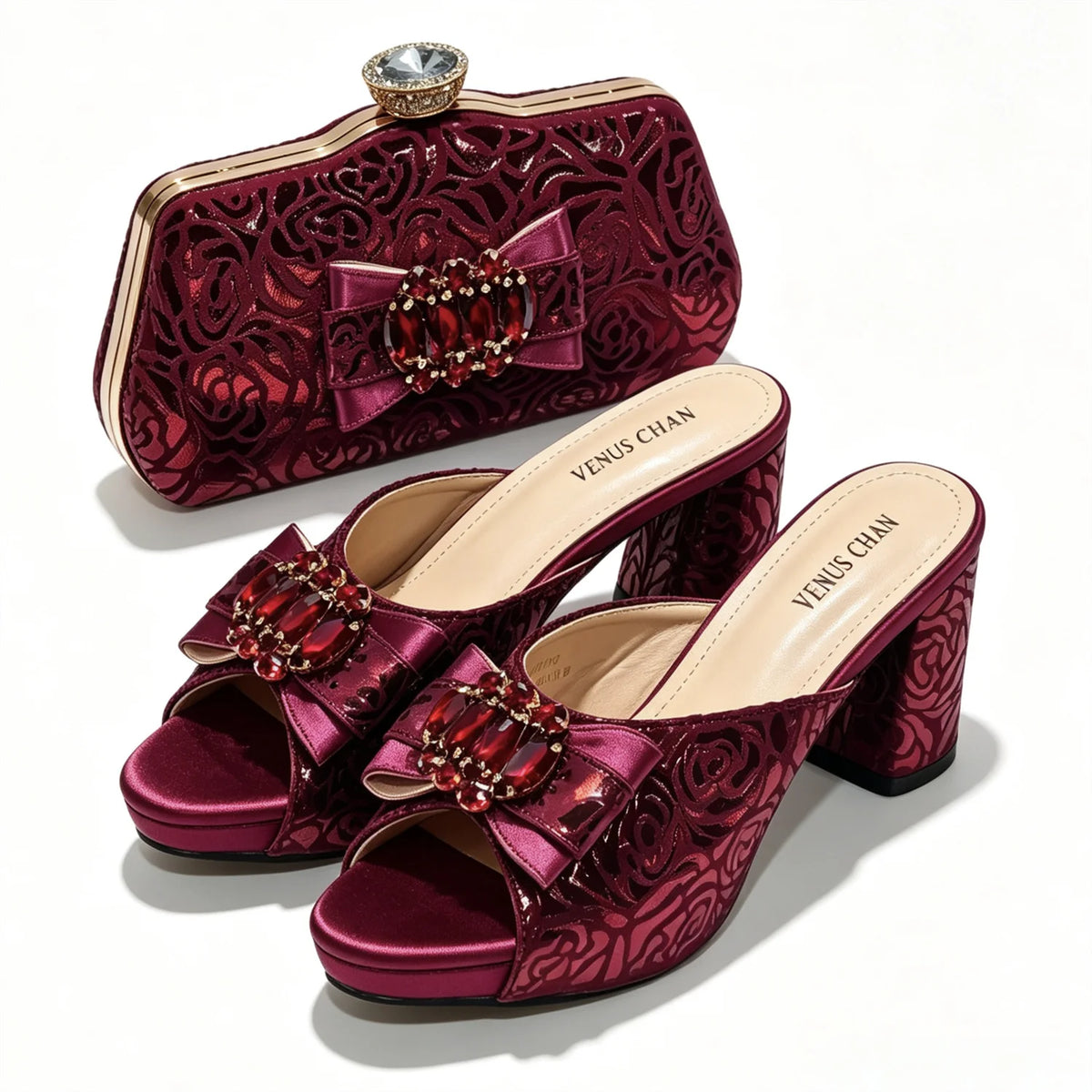 Mules en satin et pochette assortie nœud cristal – vue 11
