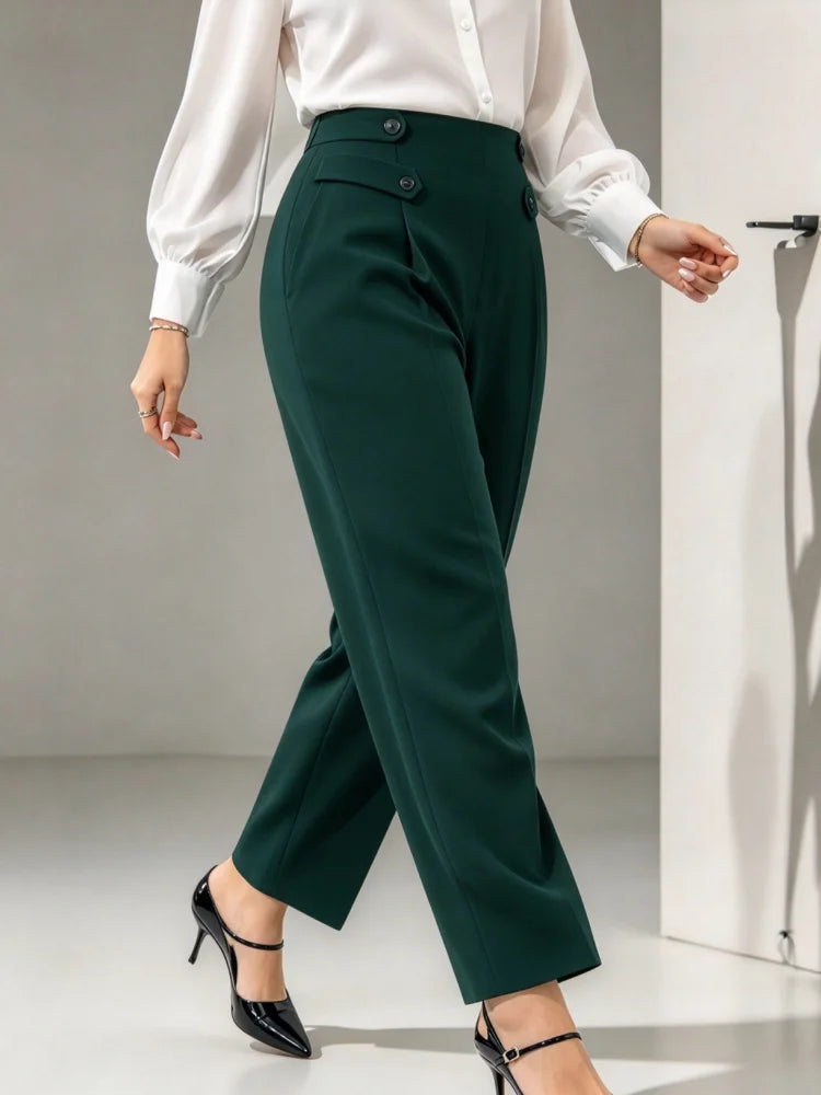 Pantalon Droit Taille Haute Femme Grande Taille – Boutons Décoratifs, 0XL à 5XL