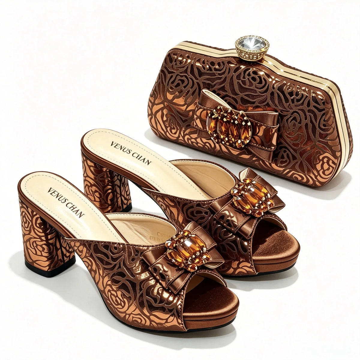 Mules en satin et pochette assortie nœud cristal – AMINA MODE